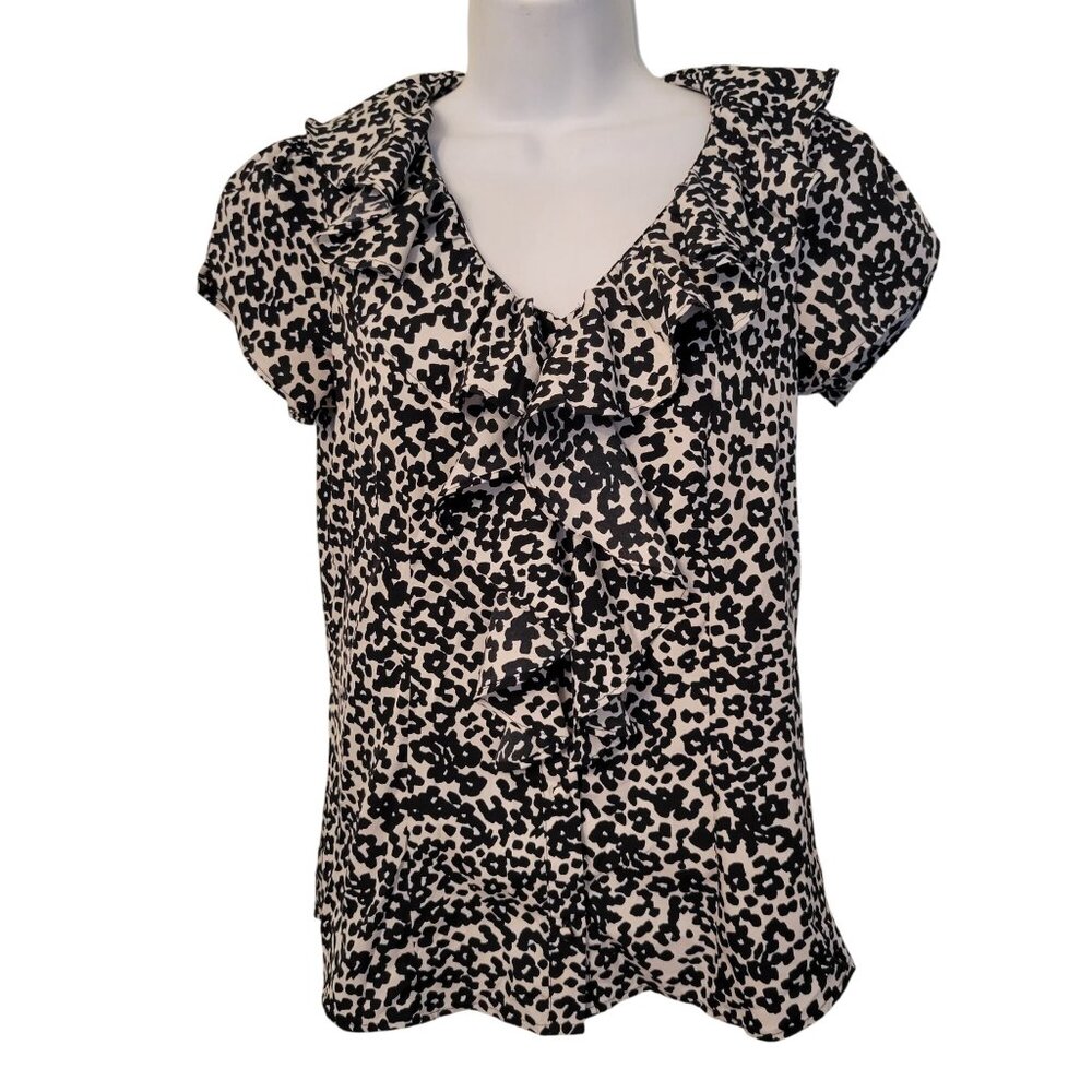 Banana Republic PS‎ Ruffle Front Blouse Black White Animal Print